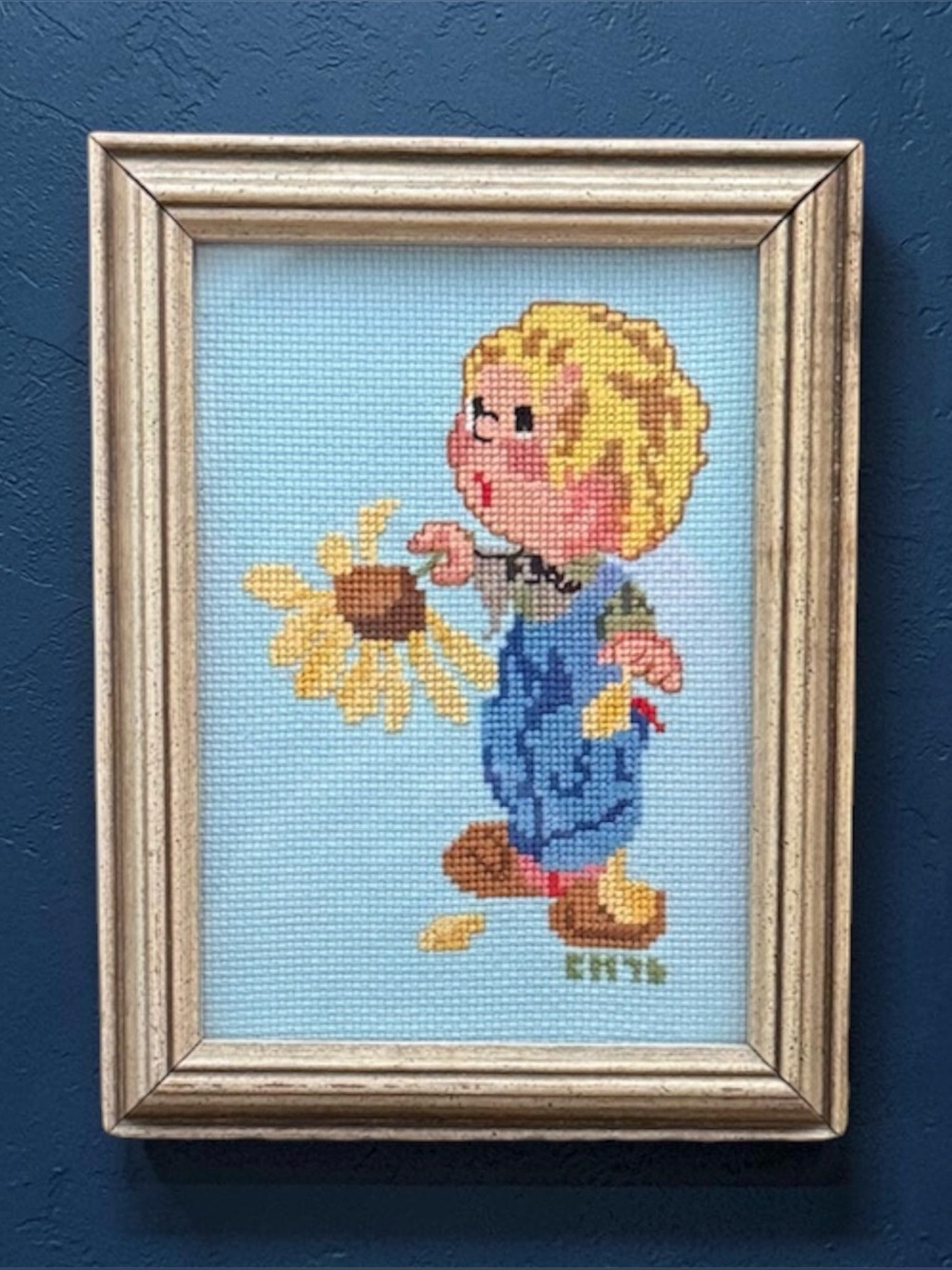 Vintage Needlepoint Framed Art Cross Stitch Boy with Sunflower Wall Decor